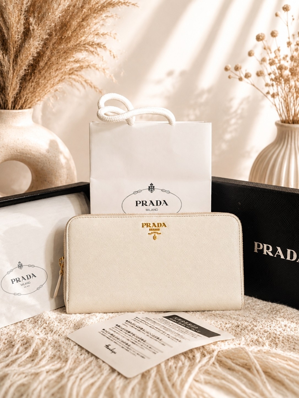 Prada Off White Saffiano Zip Around Long Wallet